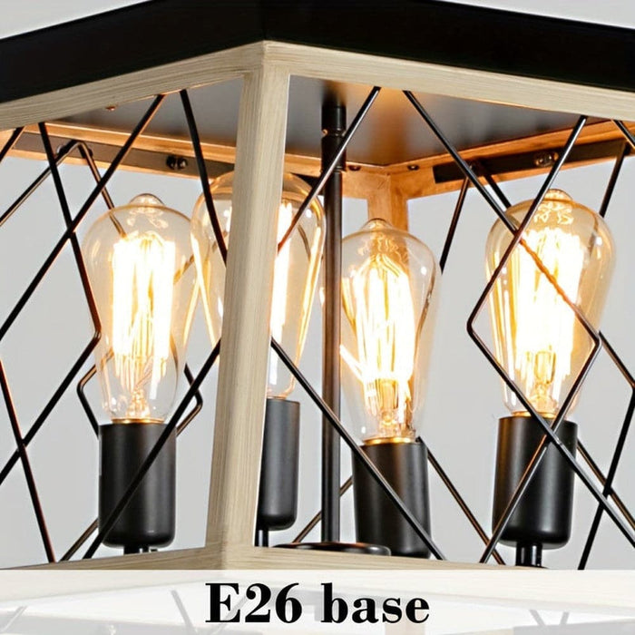 4-Light Brown Pendant Light with Square Cage, Farmhouse Geometric Dimmable Hanging Pendant Light-ErisView