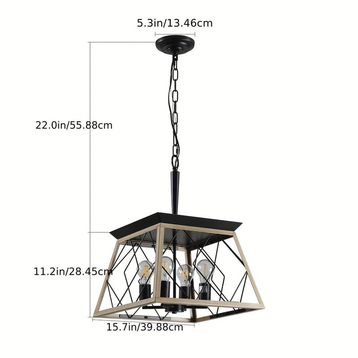 4-Light Brown Pendant Light with Square Cage, Farmhouse Geometric Dimmable Hanging Pendant Light-ErisView