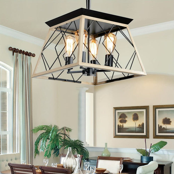 4-Light Brown Pendant Light with Square Cage, Farmhouse Geometric Dimmable Hanging Pendant Light-ErisView