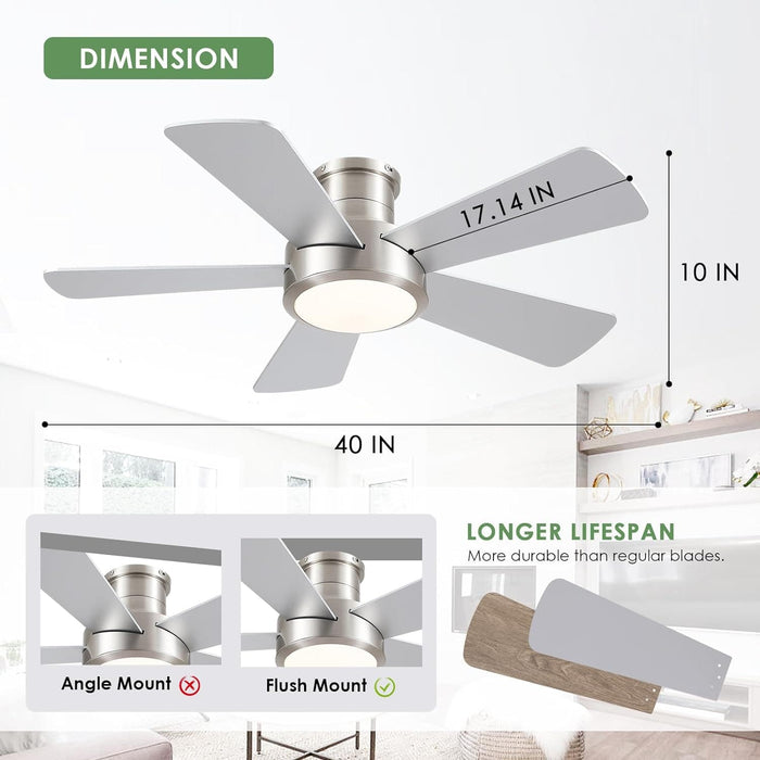 40 in. Modern Ceiling Fan with Lights Remote APP Control, Low Profile Reversible Flush Mount Ceiling Fan for Kitchen Bedroom, Brushed Nickel Ceiling Fan-2-ErisView