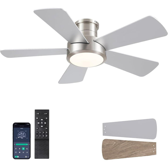 40 in. Modern Ceiling Fan with Lights Remote APP Control, Low Profile Reversible Flush Mount Ceiling Fan for Kitchen Bedroom, Brushed Nickel Ceiling Fan-1-ErisView