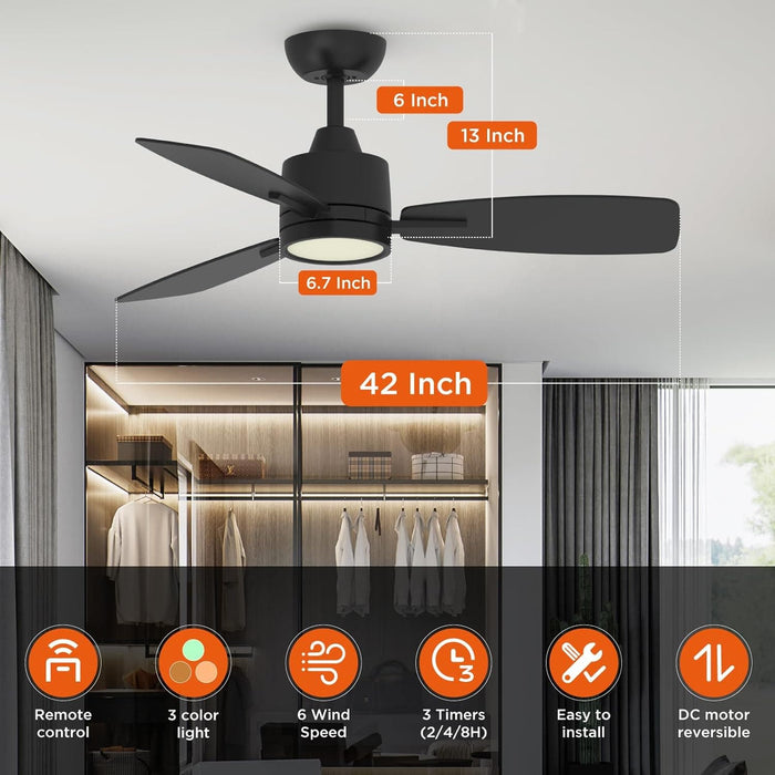 42 in. Black Outdoor Fans with Lights and Remote Control, Indoor Flush Mount Low Profile Ceiling Fan for Bedroom Living Room Kitchen Dining Room-2-ErisView