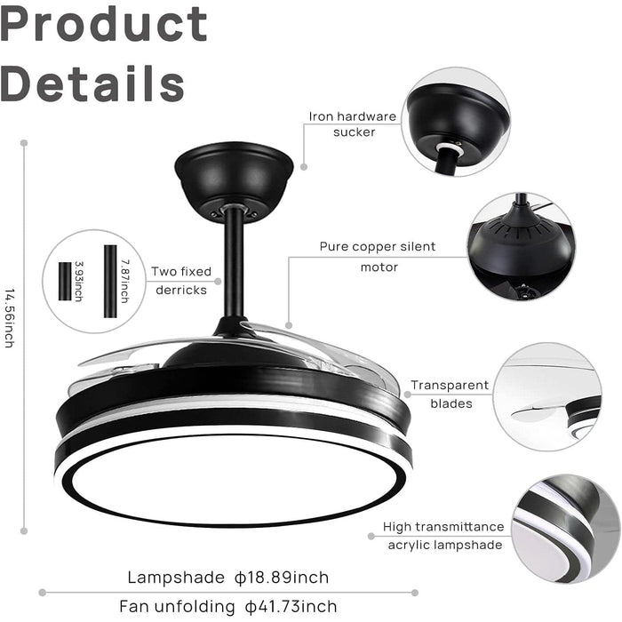 42 in. Black Retractable Ceiling Fan with Light and Remote Control for Bedroom Living Room Dining Room, Designer Fans-2-ErisView