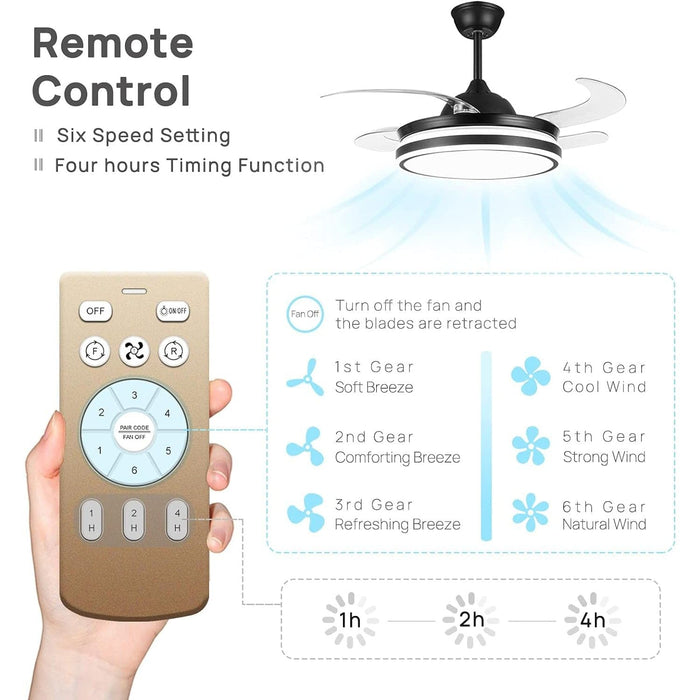 42 in. Black Retractable Ceiling Fan with Light and Remote Control for Bedroom Living Room Dining Room, Designer Fans-4-ErisView