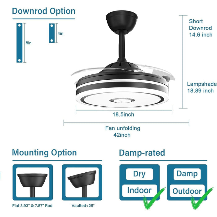 42 in. Black Retractable Ceiling Fan with Lights and Remote Control, Reversible Quiet Ceiling Fans, Modern Farmhouse Ceiling Fan for Bedroom Living Room-5-ErisView