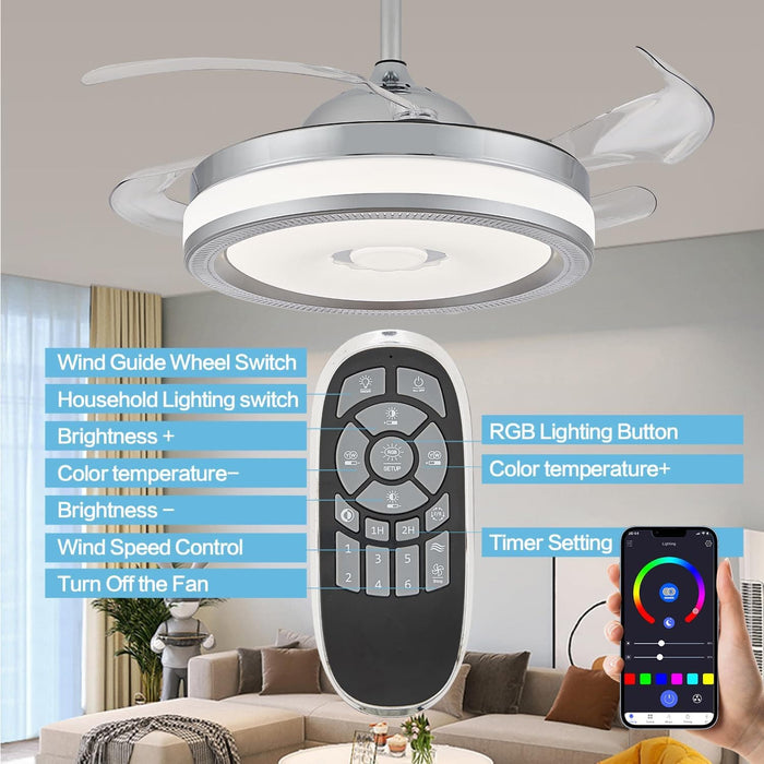 42 in. Bluetooth Ceiling Fan with Light and Speaker APP Control, Modern Retractable Reversible Ceiling Fan Chandelier for Bedroom Living Room -4-ErisView