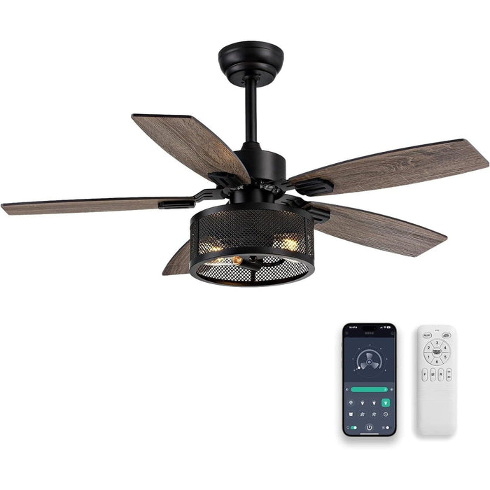 42 in. Caged Ceiling Fan, Best Outdoor Ceiling Fan with Light and Remote APP Control for Patio, Indoor Black Ceiling Fan for Bedroom Living Room-1-ErisView