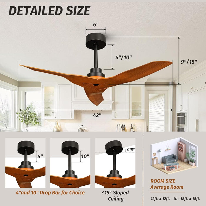 42 in. Ceiling Fan NO Light, 3 Blade Walnut Modern Ceiling Fan with Remote, Reversible Ceiling Fan for Living Room Dining Room Patio-6-ErisView