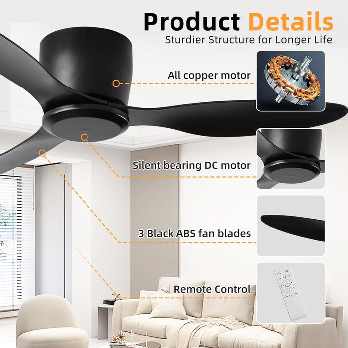 42 in. Ceiling Fan NO Light, Black Ceiling Fan with Remote, 3 Blade Modern Fan with Light, Reversible Quiet Ceiling Fans for Patio Living Room Bedroom-4-ErisView