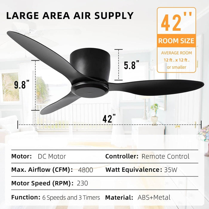 42 in. Ceiling Fan NO Light, Black Ceiling Fan with Remote, 3 Blade Modern Fan with Light, Reversible Quiet Ceiling Fans for Patio Living Room Bedroom-5-ErisView