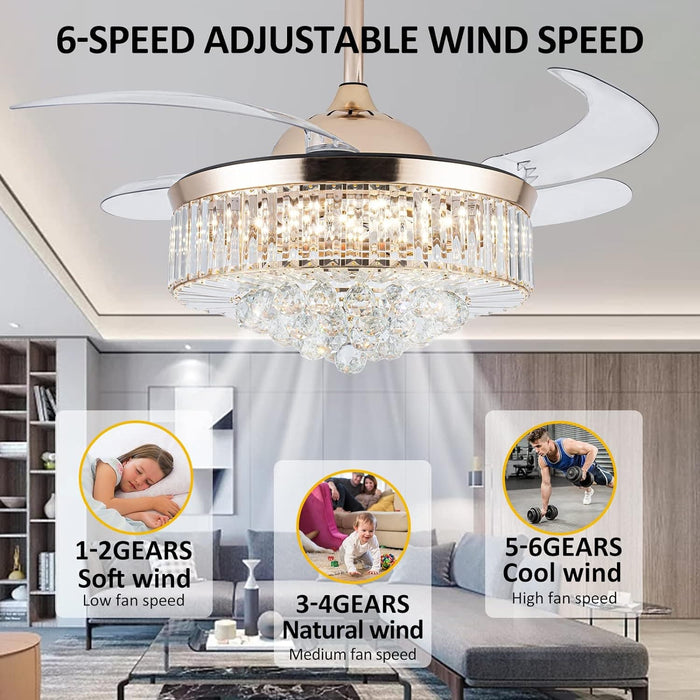 42 in. Chandelier Crystal Ceiling Fan with Light, Dimmable Modern Ceiling Fan with Remote, Retractable Invisible Fandelier for Bedroom Living Room -4-ErisView