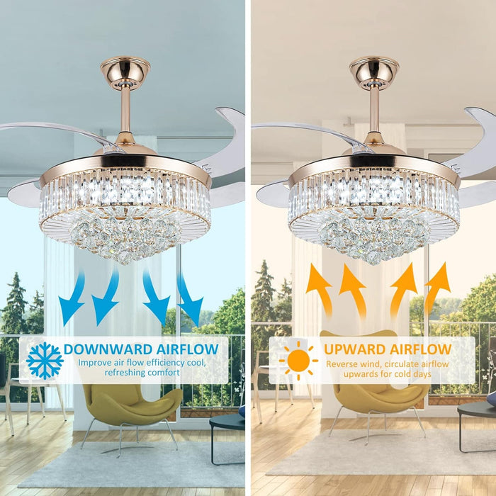 42 in. Chandelier Crystal Ceiling Fan with Light, Dimmable Modern Ceiling Fan with Remote, Retractable Invisible Fandelier for Bedroom Living Room -5-ErisView