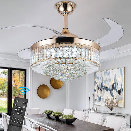 42 in. Chandelier Crystal Ceiling Fan with Light, Dimmable Modern Ceiling Fan with Remote, Retractable Invisible Fandelier for Bedroom Living Room -8-ErisView