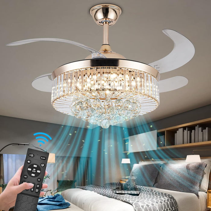 42 in. Chandelier Crystal Ceiling Fan with Light, Dimmable Modern Ceiling Fan with Remote, Retractable Invisible Fandelier for Bedroom Living Room -1-ErisView