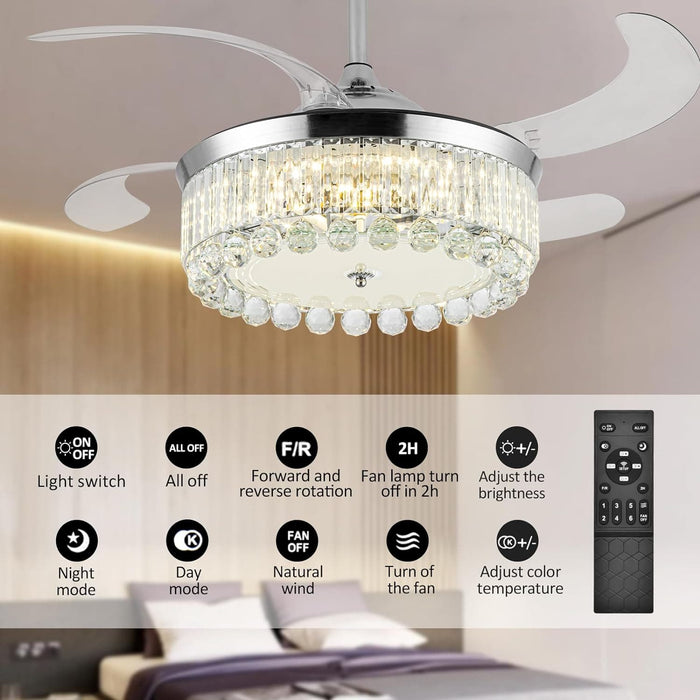 42 in. Crystal Ceiling Fan with Lights, Dimming Chandelier Ceiling Fan with Remote, Invisible Retractable Fandelier Ceiling Fan for Living Room  -5-ErisView