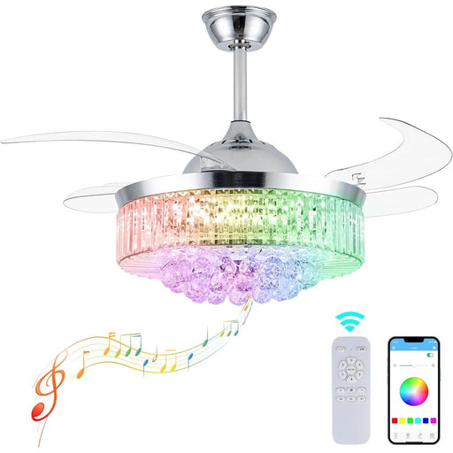 42 in. Crystal Chandelier Ceiling Fan with RGB Light and Remote, Retractable Fandelier Ceiling Fan with Speaker, Smart Fans for Living Room -1-ErisView