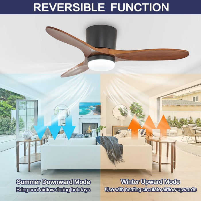 42 in. Farmhouse Flush Mount Ceiling Fan with Light, Wood Reversible Quiet Ceiling Fans with Remote Control, Flush Mount Ceiling Fan with Light-2-ErisView