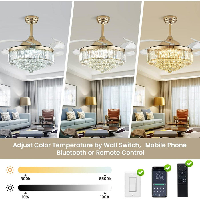 42 in. Gold Fandelier Chandelier Fan with Light Remote, LED Dimmable Crystal Ceiling Fan for Living Room-4-ErisView