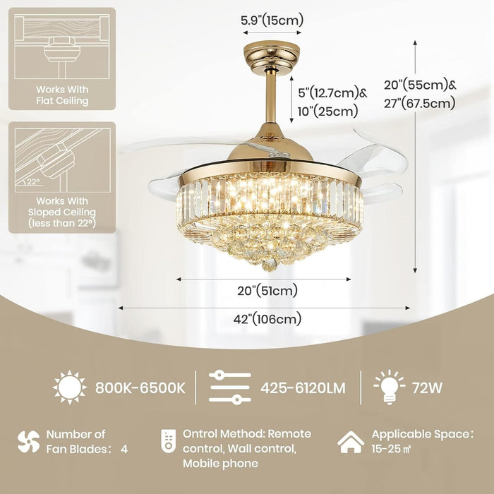 42 in. Gold Fandelier Chandelier Fan with Light Remote, LED Dimmable Crystal Ceiling Fan for Living Room-7-ErisView