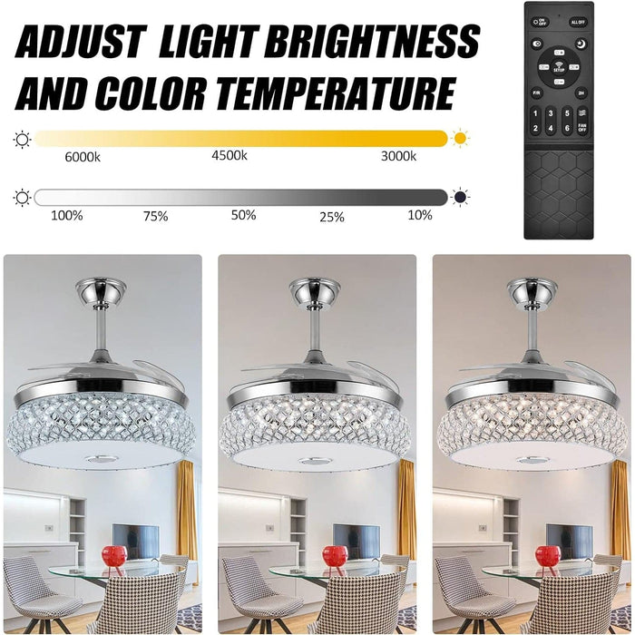 42 in. Invisible Ceiling Fan Chandelier with Light and Bluetooth Speaker, Modern Crystal Ceiling Fan with Remote Control, Retractable Bedroom Ceiling Fans-4-ErisView