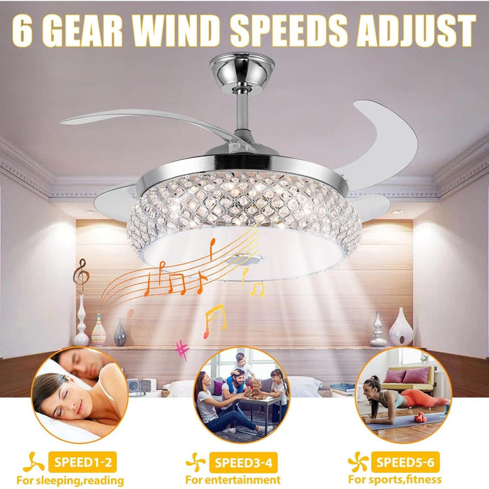 42 in. Invisible Ceiling Fan Chandelier with Light and Bluetooth Speaker, Modern Crystal Ceiling Fan with Remote Control, Retractable Bedroom Ceiling Fans-6-ErisView