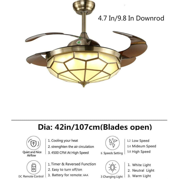 42 in. Invisible Luxury Ceiling Fans with Light and Remote, 4 Retractable Blades Chandeliers Ceiling Fans for Bedroom Living Room  Dining Room-2-ErisView