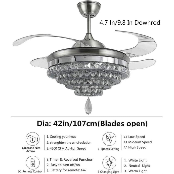 42 in. Invisible Reversible Ceiling Fan Crystal Chandelier, Retractable Blade Ceiling Fan for Living Room Bedroom Dining Room-7-ErisView