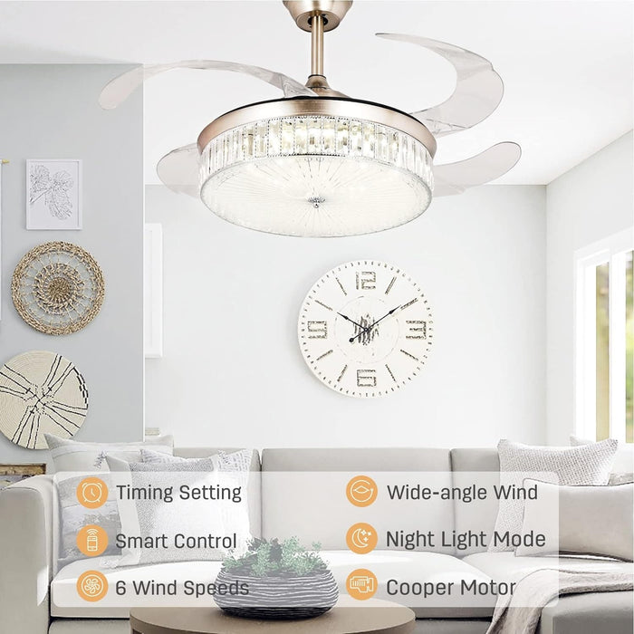 42 in. Modern Bladeless Crystal Chandelier Ceiling Fan, Low Profile Remote Control Ceiling Fan, Brushed Nickel Bedroom Ceiling Fans, Living Room Fan-2-ErisView