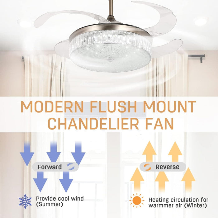 42 in. Modern Bladeless Crystal Chandelier Ceiling Fan, Low Profile Remote Control Ceiling Fan, Brushed Nickel Bedroom Ceiling Fans, Living Room Fan-6-ErisView