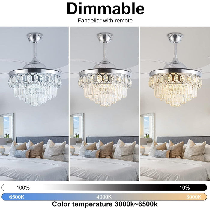 42 in. Modern Crystal Ceiling Fan with Lights and Remote, Silent Retractable Chandelier Fan, Dimmable Fandelier for Bedroom Living Room Dining Room-3-ErisView