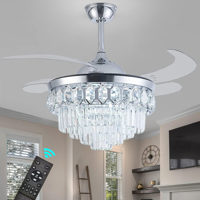 42 in. Modern Crystal Ceiling Fan with Lights and Remote, Silent Retractable Chandelier Fan, Dimmable Fandelier for Bedroom Living Room Dining Room-1-ErisView