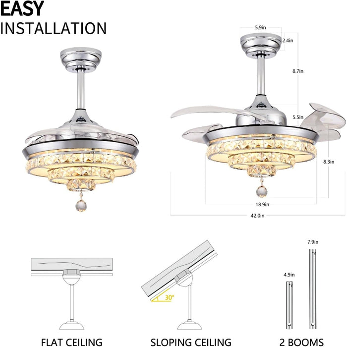 42 in. Remote Control Ceiling Fan and Light, Crystal Fandelier Chandelier Fan -2-ErisView