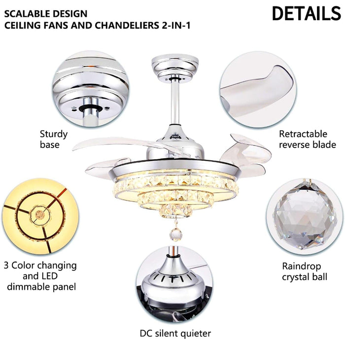 42 in. Remote Control Ceiling Fan and Light, Crystal Fandelier Chandelier Fan -3-ErisView