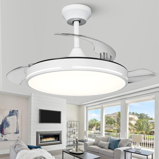 42 in. Retractable Ceiling Fan with Light and Remote, White Modern Fandelier for Living Room Dining Room-1-ErisView