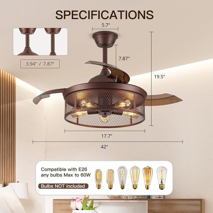 42 in. Retractable Fandelier Ceiling Fan with Light, Farmhouse Caged Ceiling Fan with Light, Rustic Ceiling Fans Chandelier for Dining Room Living Room-7-ErisView