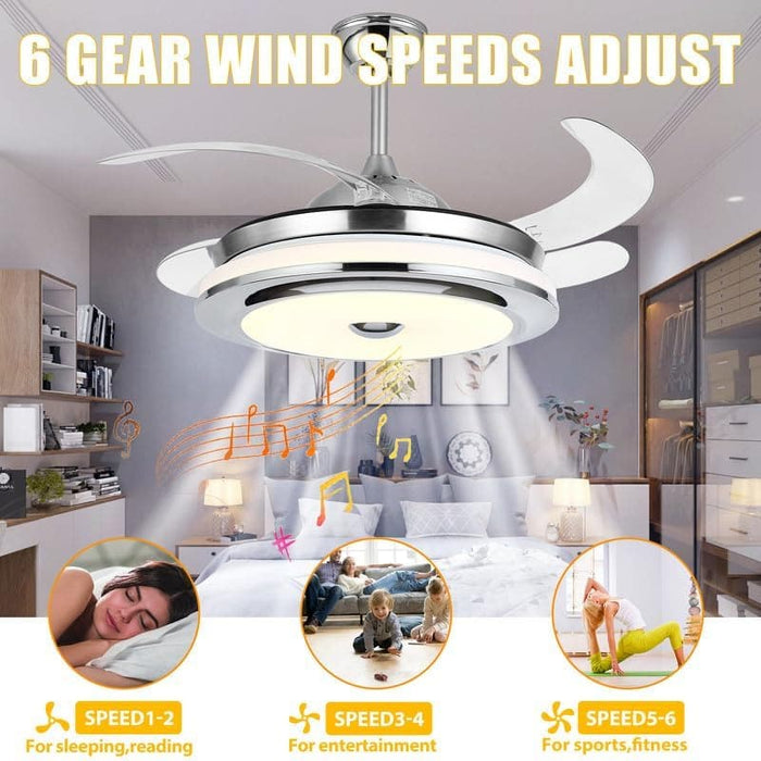 42 in. Reversible Bluetooth Ceiling Fan with Light and Speaker, Dimmable Fandelier with Remote, Retractable Invisible Music Player Chandelier -7-ErisView