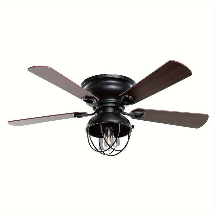 42 in. Rustic 5-Blade Flush Mount Ceiling Fan with Light Kit Remote, Low Profile Matte Black Ceiling Fan-ErisView