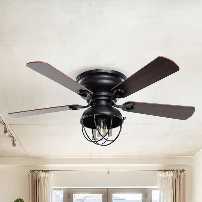 42 in. Rustic 5-Blade Flush Mount Ceiling Fan with Light Kit Remote, Low Profile Matte Black Ceiling Fan-ErisView