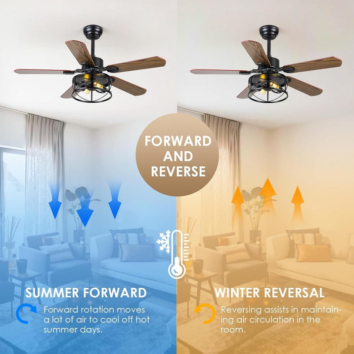 42 in. Rustic Flush Mount Ceiling Fans, Farmhouse Ceiling Fan with Light and Remote, Industrial Ceiling Fans Fandelier for Bedroom Living Room Patio-4-ErisView