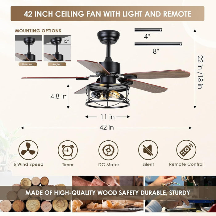 42 in. Rustic Flush Mount Ceiling Fans, Farmhouse Ceiling Fan with Light and Remote, Industrial Ceiling Fans Fandelier for Bedroom Living Room Patio-6-ErisView