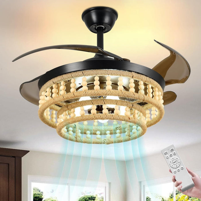 48 in. Boho Caged Ceiling Fan with Light, Farmhouse Wood Beads Ceiling Fan with Light, Flush Mount Ceiling Fan for Bedroom Living Room -1-ErisView