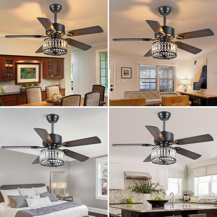 48 in. Chandelier Ceiling Fan with Lights, Black Modern Farmhouse Fandelier Remote Control Fan, Crystal Ceiling Fan Light for Living Room -8-ErisView