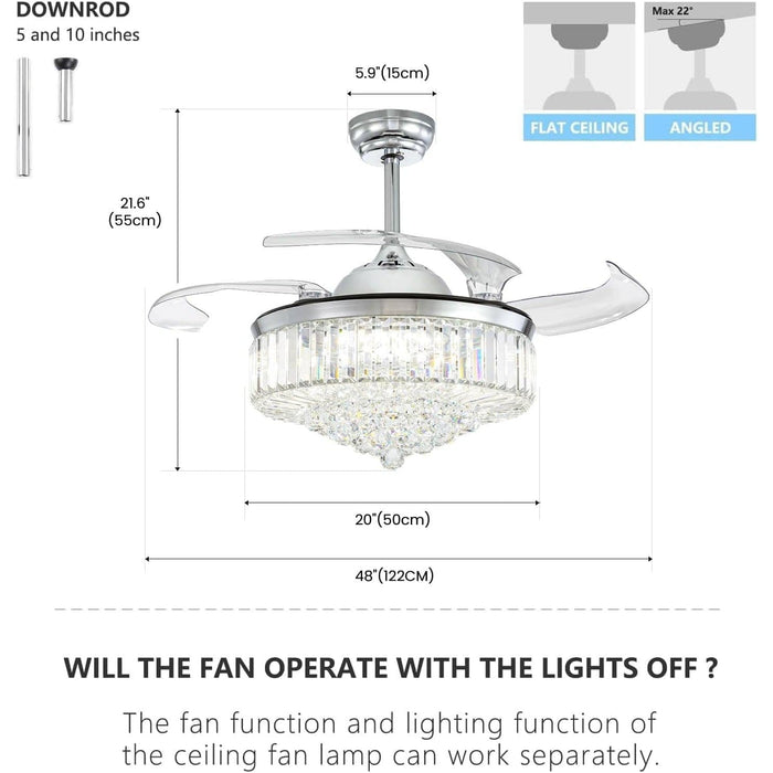 48 in. Crystal Chandelier Ceiling Fan with Light, Retractable Fandelier Ceiling Fan with Remote, 48 in. Dimmable Ceiling Fan for Bedroom Living Room-5-ErisView