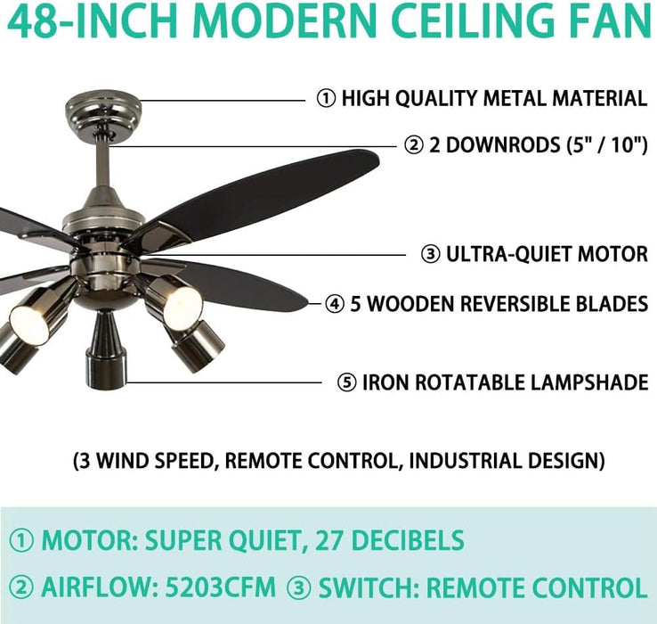 48 in. Indoor Modern Black Chandelier Ceiling Fan with Remote Control, Quietest Fan For Sleeping with 5 Rotatable Lights-5-ErisView