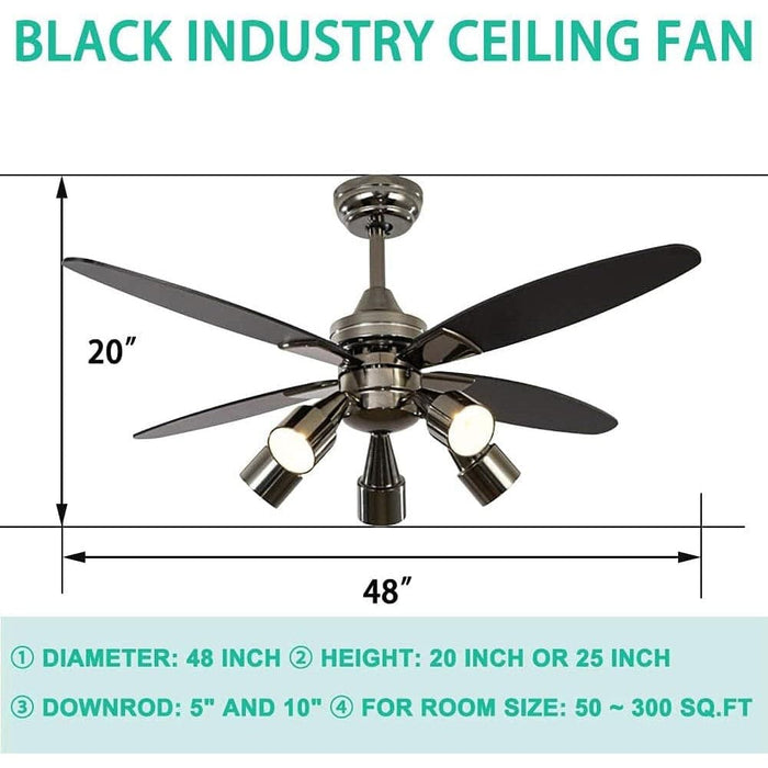 48 in. Modern Black Ceiling Fan with 5 Rotatable Lights and Remote Control, Indoor Quiet Ceiling Fans Chandelier-3-ErisView