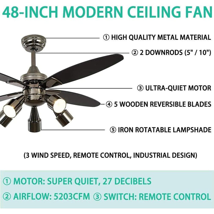 48 in. Modern Black Ceiling Fan with 5 Rotatable Lights and Remote Control, Indoor Quiet Ceiling Fans Chandelier-4-ErisView