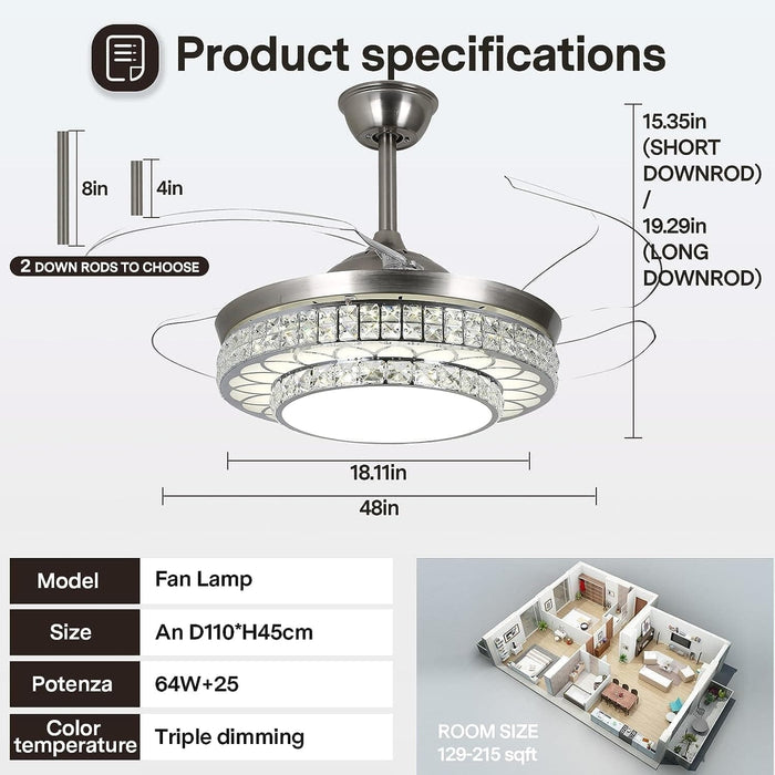 48 in. Modern Retractable Flush Mount Low Profile Bladeless Chandelier Ceiling Fan with Remote for Living Room, Crystal Ceiling Fandelier with Light-4-ErisView