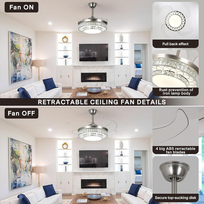 48 in. Modern Retractable Flush Mount Low Profile Bladeless Chandelier Ceiling Fan with Remote for Living Room, Crystal Ceiling Fandelier with Light-7-ErisView