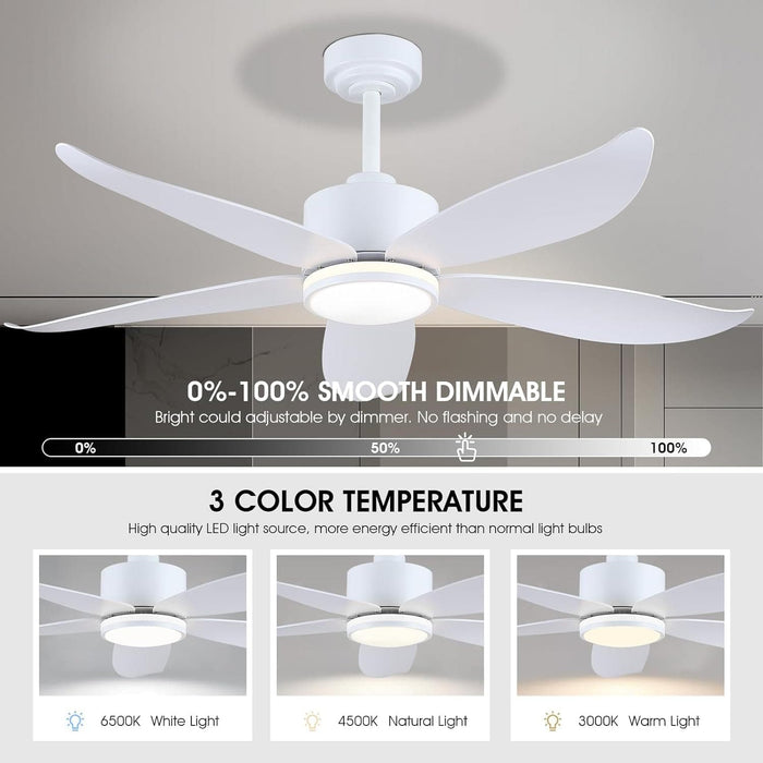 48 in. White Ceiling Fan with Lights and Remote, Dimmable Ring Modern Ceiling Fan with 5 Reversible Blades for Bedroom Dining Room-3-ErisView