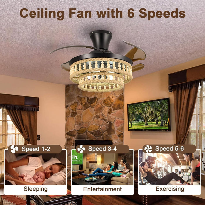 48 in. Wood Beads Boho Ceiling Fan, Farmhouse Caged Ceiling Fan with Lights, Flush Mount Perfect Ceiling Fan for Bedroom Living Room-3-ErisView